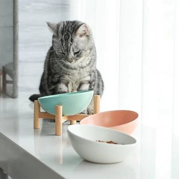 

Ceramic Tilted Elevated Raised Pet Bowl with Wood Stand for Cats and Dogs No Spill Pet Food Water Feeder Pet Supplies Cat Pet