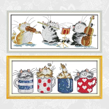 

Cats hide in the cups Patterns Counted Print on Canvas 11CT 14CT Cross Stitch kit Needlework Set Concert Embroidery Painting