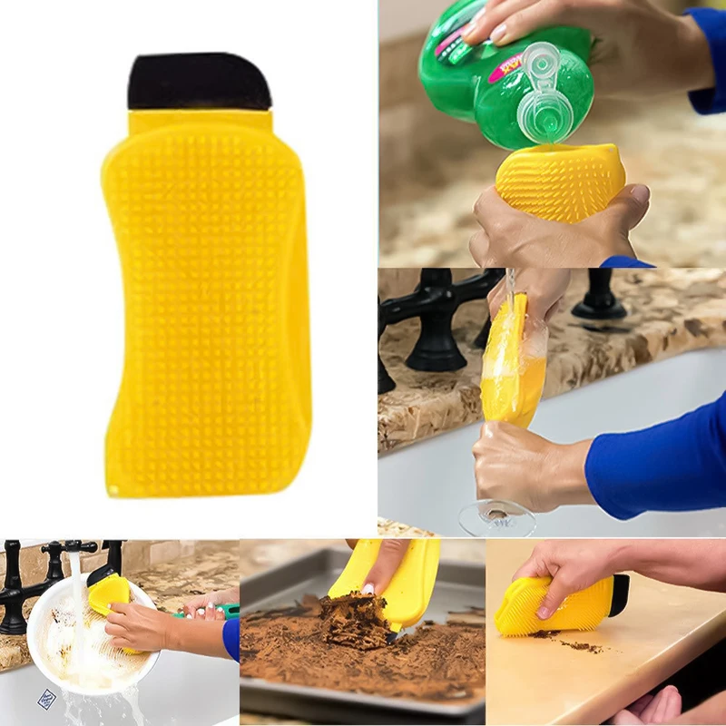 

Multifunction Silicone Brush Kitchen Cleaning Bowl Pan Dish Bowl Sponge Scraper With Soap Dispenserr Easy Clean Cooking Tool