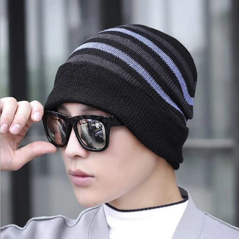 

XEONGKVI Korean Stripe Add Plush Flanging Knitted Cap Autumn Winter Brand Skullies Beanies Cycling Cap Pompom Hats For Men