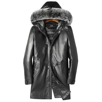 

Seveyfan Men's Fur Collar Genuine Leather Down Jacket Thicken Warm Winter Long Real Sheepskin Leather Jacket and Coat R3083
