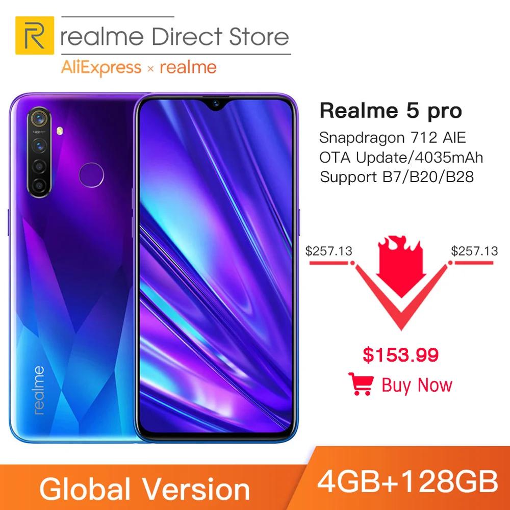  Global Version Realme 5 Pro 4GB RAM 128GB Mobile Phone Snapdragon 712AIE 48MP Quad Camera Smartphon - 4000251776159