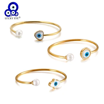 

Lucky Eye Fatima Hamsa Hand Heart Evil Eye Bangle Stainless Steel Rose Gold Silver Color Open Cuff Bangle for Women Girls LE557