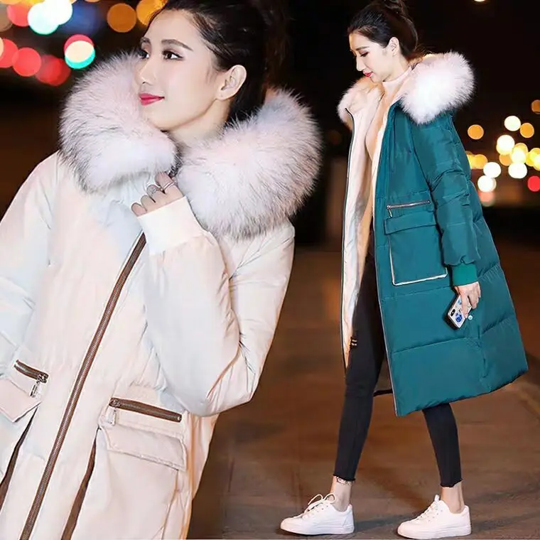 

Thick Cotton-padded Clothes Women's Mid-length Winter Hooded down Coat CHIC Loose-Fit over-the-Knee Large Fur Collar down Jacket