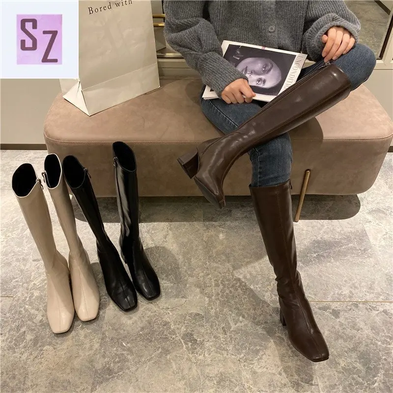 Women Shoes Flats Riding-Boots Square Toe Brown Winter Ladies Meotina Zipper Autumn Knee-High