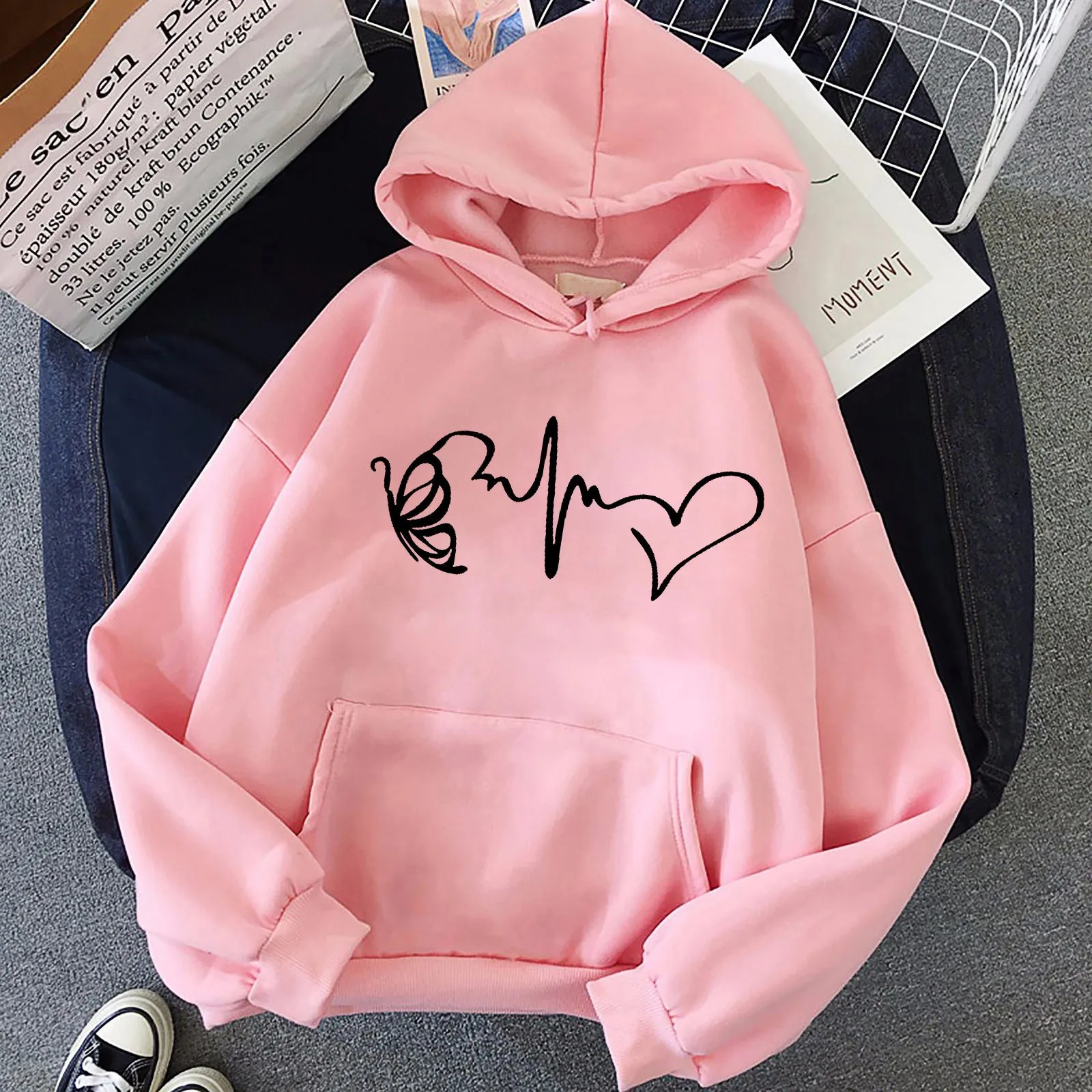 Harajuku Heartbeat Print Hoodies Women Oversized Long Sleeve Pockets Pullover Top Streetwear Autumn Casual Sweatshirts#fs 1