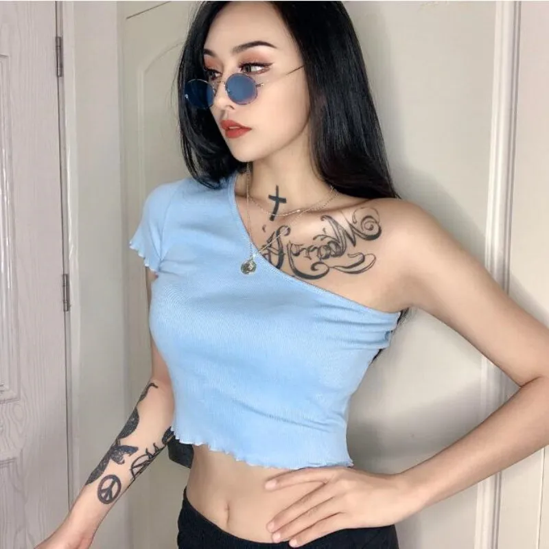 

2020 One-Shoulder Short Sleeve Sexy Crop Tops Summer Women Fashion Casual Bodycon Stretchy T-shirts