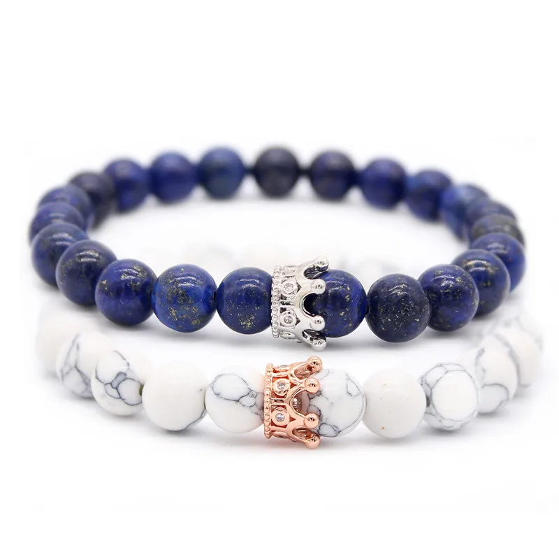 dark blue white 8 мм браслеты с бусинами из натурального камня и браслеты Король Королева пара браслет для влюбленных его и ее ювелирные изделия ручной работы MBR180309 - Окраска металла: dark blue white