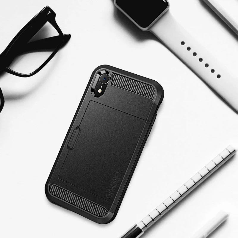Жесткий чехол из поликарбоната для iphone XR, чехол со встроенной защитной пленкой для экрана 360, чехол со слотом для карт, сверхпрочный противоударный чехол, чехол из углеродного волокна