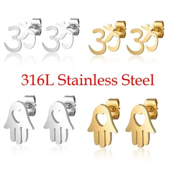 

100% 316L Stainless Steel Hamsa Hand OM Yoga Stud Earring for Women Party Jewelry Ear Studs Dropshipping Gift Never Tarnish