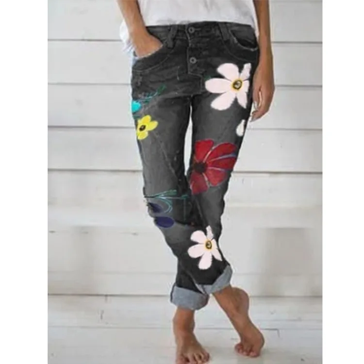 

Printed slim denim trousers retro cross border exclusive European and American wish Amazon hot sale button pocket women's jeans