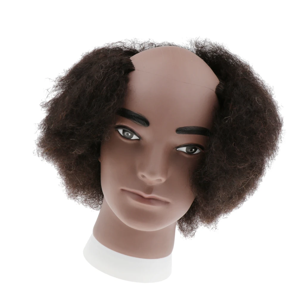 Male Bald Mannequin Head with 100% Human Hair, Curly Wig Display Styling Head, Use in Salon or Home or Travel