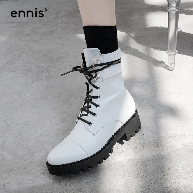 

ENNIS Brand Women Martin Boots White Lace Up Ankle Boots Platform Genuine Leather Boots Low Heel Shoes Motorcycle Fashion A9232