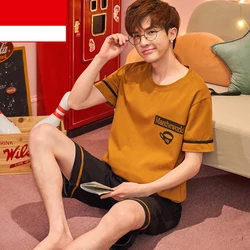 Summer Nightgown Pajamas Suit Short Sleeve Sleep Set Men O-Neck Nightwear T-Shirt Pants Nighty Pijamas Robe Nighties Homewear