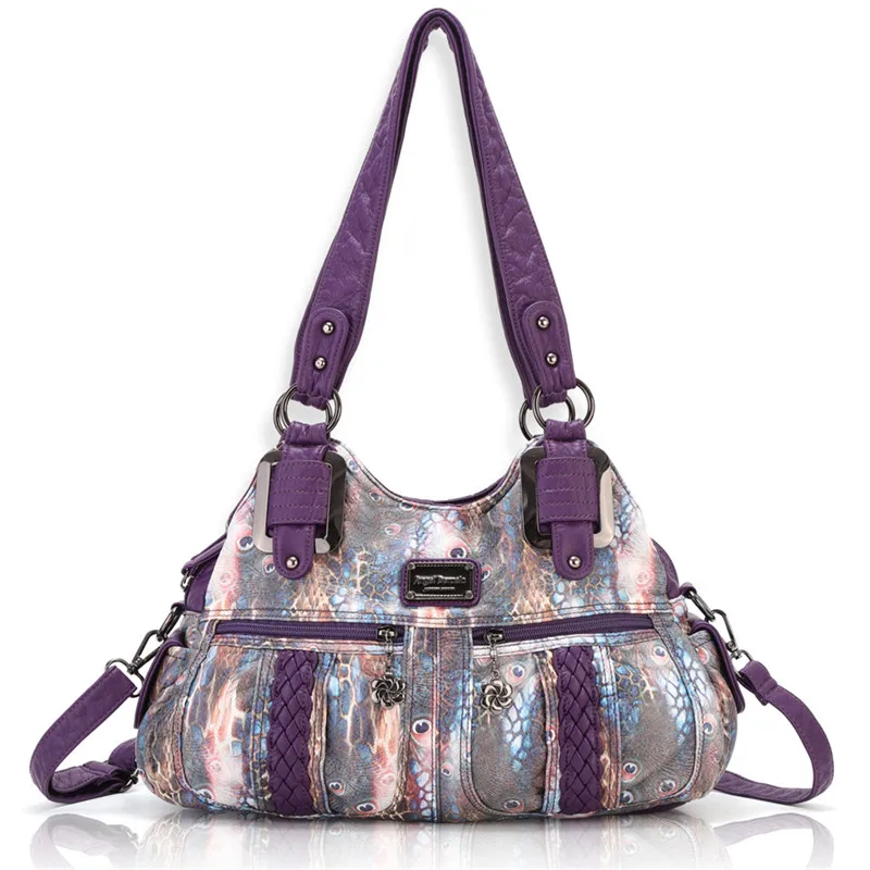 Angel Barcelo Women Handbag Vintage PU Big Capacity Tote Bags with Floral Serpentine Printing 0038SM - Color: Purple