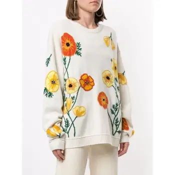 

Runway Designer Women Autumn Winter Oversized Sweater 2020 Luxury Fashion Loose Long Sleeve Floral Embroidered Pullover Sweater