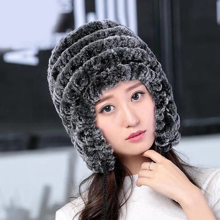 Lady Real Fur Earflap Hats Women Natural Rex Rabbit Fur Beanies Cap Russian Winter Warm Genuine Fur Hat Wholesale - Цвет: grey