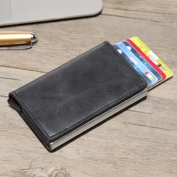 

Men 100% Genuine Leather wallet Rfid Credit Card Holder Case id Card Holder Bank Aluminium Metal Wallet Creditcard Bag pop purse