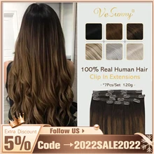 VeSunny Clip in Hair Extensions Human Hair 100% Remy Wigs Caramel Blonde Double Weft Clip in Brown Hair Extensions 7pcs/Set