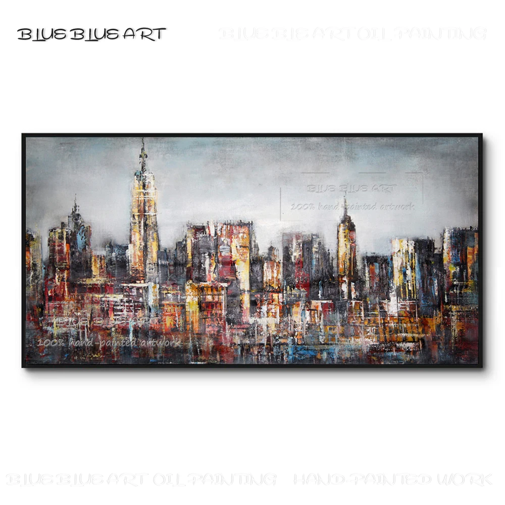 

Artist Hand-painted Abstract City Landscape Acrylic Painting on Canvas Abstract New York City View Painting for Living Room Wall