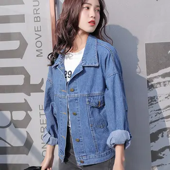 

Women Denim Jacket Female Long Sleeve Single Breasted 2020 Spring New Loose Student Bf Style Turn-down Collar Jackets Female
