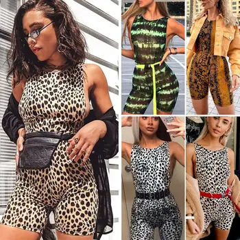 

Women Leopard Print Short Playsuit Romper See Through Sleeveless O neck Bodysuit Summer Ladies Suits