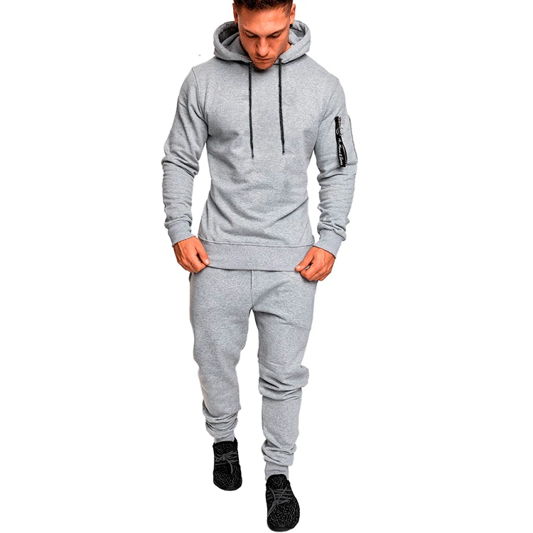 Men's Sportswear Sets Gray Gym Running Suit Men Hooded Jogging 2 Pieces Sports Set Casual Tracksuit | Спорт и развлечения