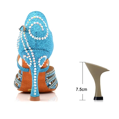 Blue 7.5cm New Flash Gold Latin Dance Shoes Ladies High Heel Rhinestone Dance Shoes Indoor Soft Bottom Performance Ballroom Girls Party - Цвет: Blue 7.5cm