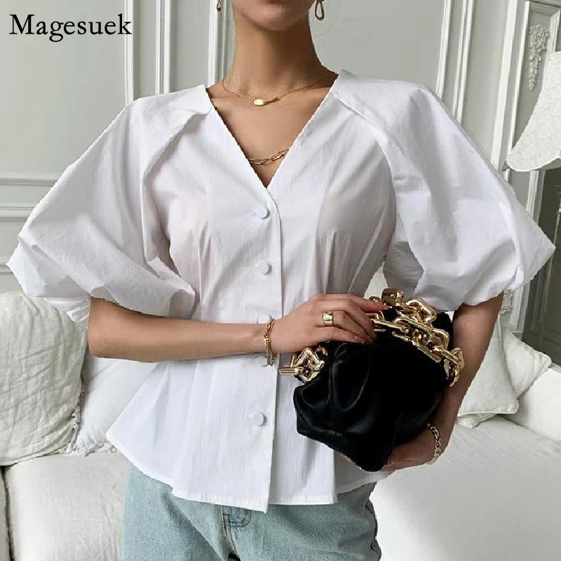 

Vintage Puff Sleeve Summer Blouse Women Single-Breasted V-neck White Shirt Woman Elegant Chic Backless Ladies Tops Blusas 14813
