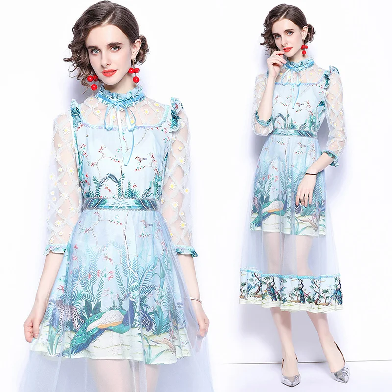 

Women Summer Dresses Mesh Office Lady A-LINE Bow Mid-Calf Women Dress O-Neck Elegant Party Night Vintage 2021 New Women Dresses