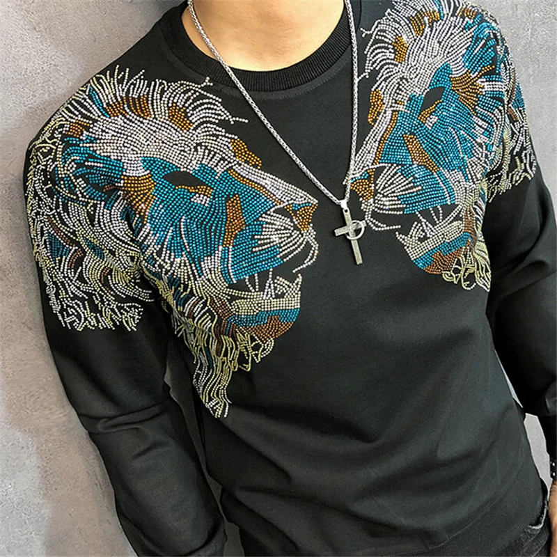 2019European style Men's Sanitary Clothes Autumn Heavy Dual Lion Head Ironing Drill Round-necked Long Sleeve hoodies Sweatshirt