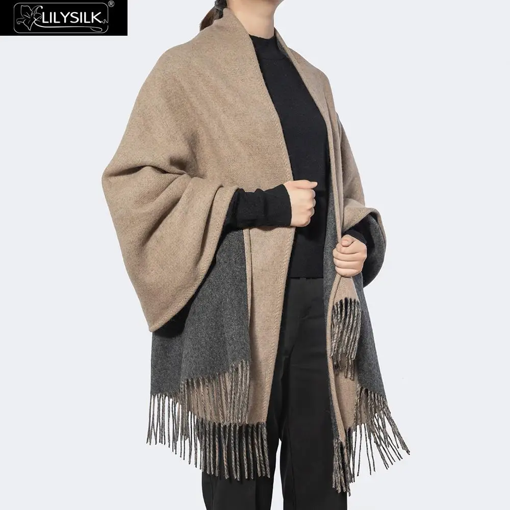 LilySilk Женская шерстяная шаль контрастного цвета, новинка - Цвет: Camel Gray