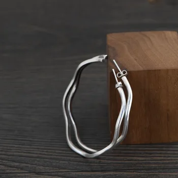 

FNJ Rope Hoop Earrings 925 Silver Original Pure S925 Sterling Silver Earring for Women Jewelry Curved surface