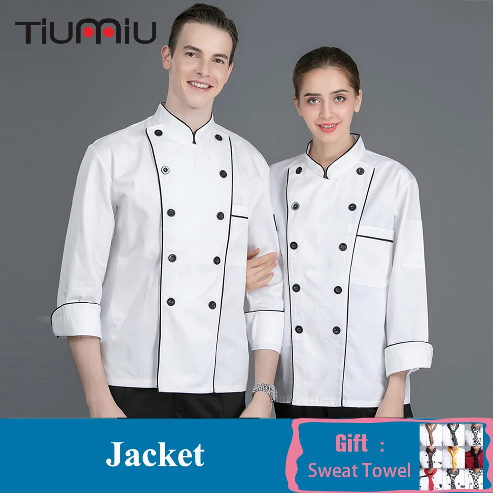 

White Chef Jacket Long Sleeve Chef Uniform Coat Food Service Restaurant Kitchen Cook Clothes Hotel Catering Bakery Overalls