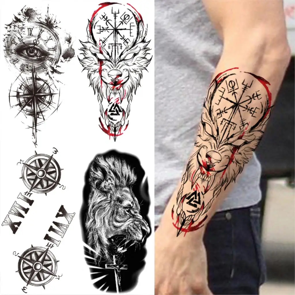 

Black Lion Temporary Tattoos For Men Adult Realistic Demon Eye Compass Front Arm Tattoo Sticker Washable Half Sleeve Fake Tatoo