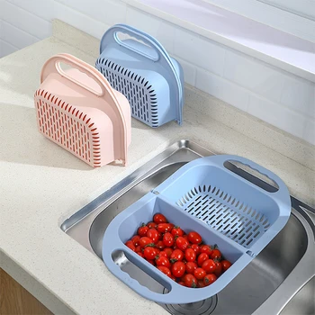 

Foldable Plastic Storage Rack Home Kitchen Double Wash Drain Basket Multi-function Portable Fruit Strainer Vegetable Wash Basket