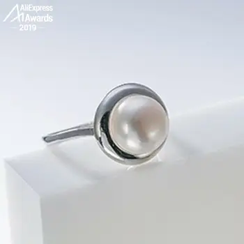 

S925 Sterling Silver simple Round cute Big freshwater pearl ring women lady girl friend best fine Antique