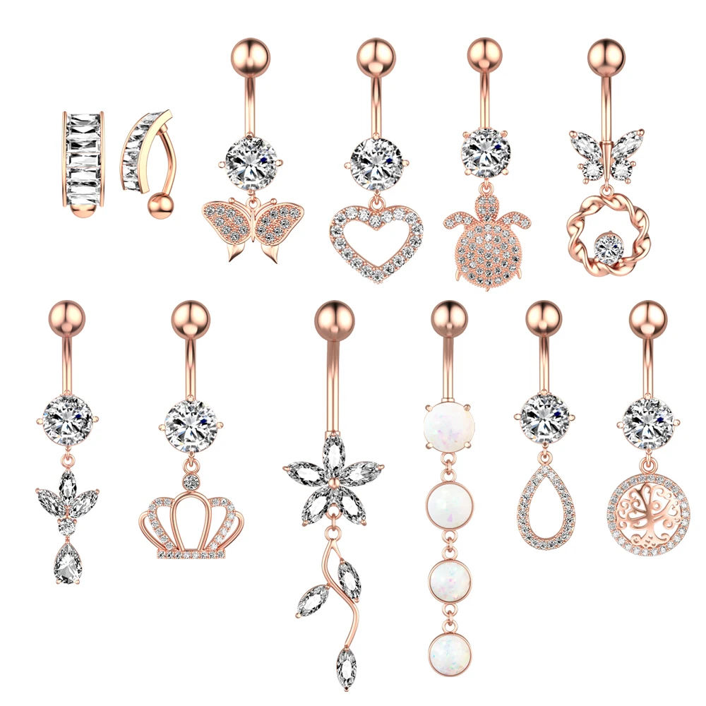 14G Tier Herz baumeln Bauchnabel Ringe Chirurgenstahl gebogene Nabel Barbell Ring Körperschmuck Piercing Ombligo für Frauen Mädchen – Detail 2