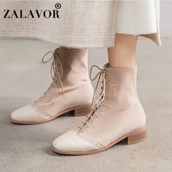 

ZALAVOR 2020 New Winter Ankle Boots Fashion Lacing Women Flats Patchwork Solid Color Shoes Women Casual Footwear Size 31-43