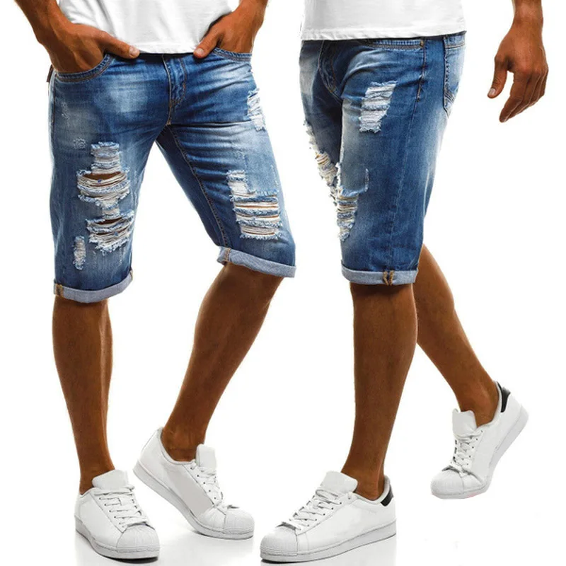 Pantalones cortos vaqueros de cintura alta para hombre, ropa informal de verano, desgastada