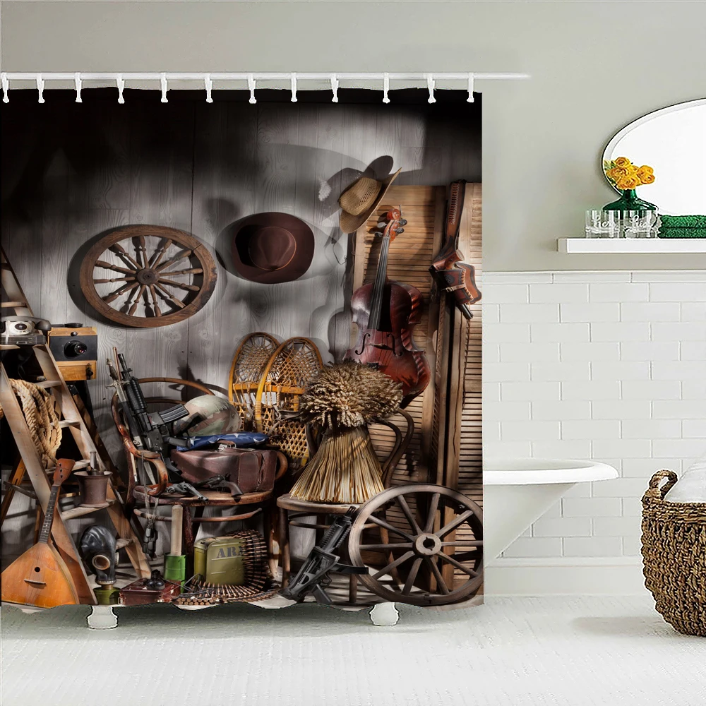 

Waterproof Shower Curtain For Bathroom Old Retro Car Print Bathtub Curtains Polyester Cowboy Newspaper Bath Curtains with Hooks