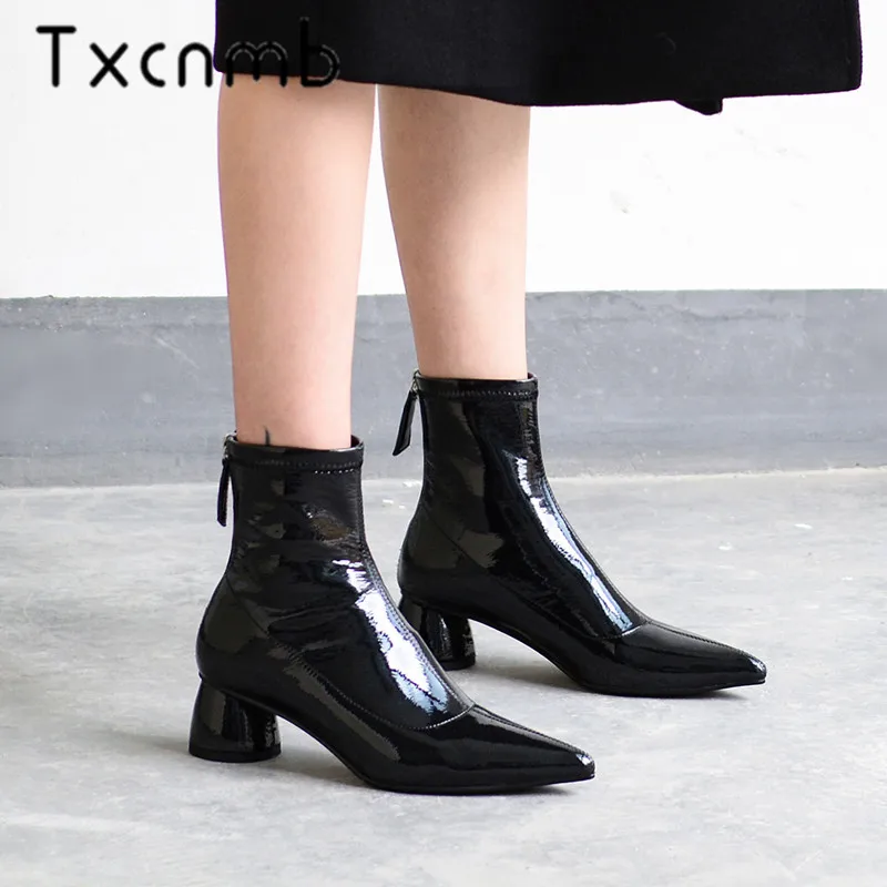 

TXCNMB Patent Leather Ankle Boots Women Round Heels Pointed Toe Boots Female 2019 Autumn Shoes Woman Black