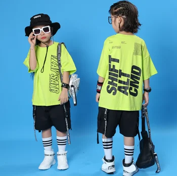 

Boys Girls Fluorescent Green Summer Outfits Ballroom Jazz Hiphop Street Dance Clothes Suits Children Hip Hop Dance Costumes