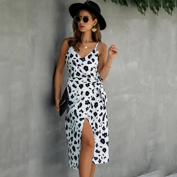 

Summer Spaghetti Strap Printed Women's Dress Backless V Neck Female Knee-Length Dresses 2020 Elegant Sexy Beach Ladies Clothes