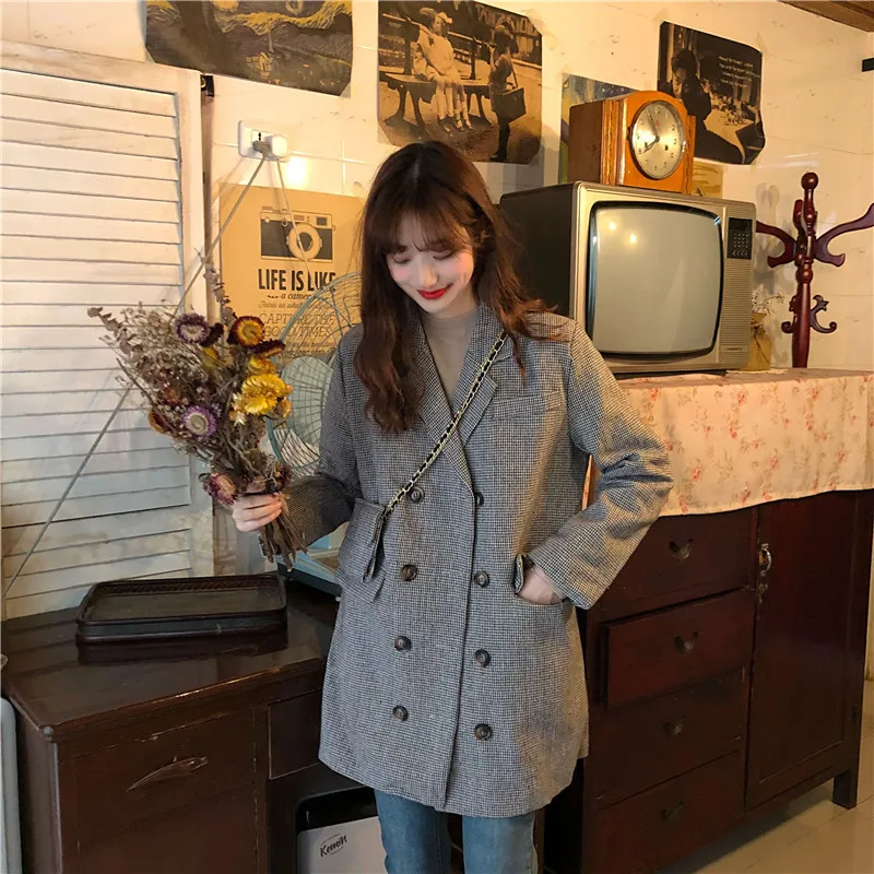 Photo Shoot Autumn New Style Korean-style Fashion Plaid Middle Long Coat Suit Bag with Chain