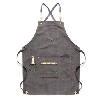 

Dark Gray Canvas Apron Bib Leather Chef Kitchen Apron for Women Men Barista Bartender Pockets Home Barber Cook Coffee Restaurant