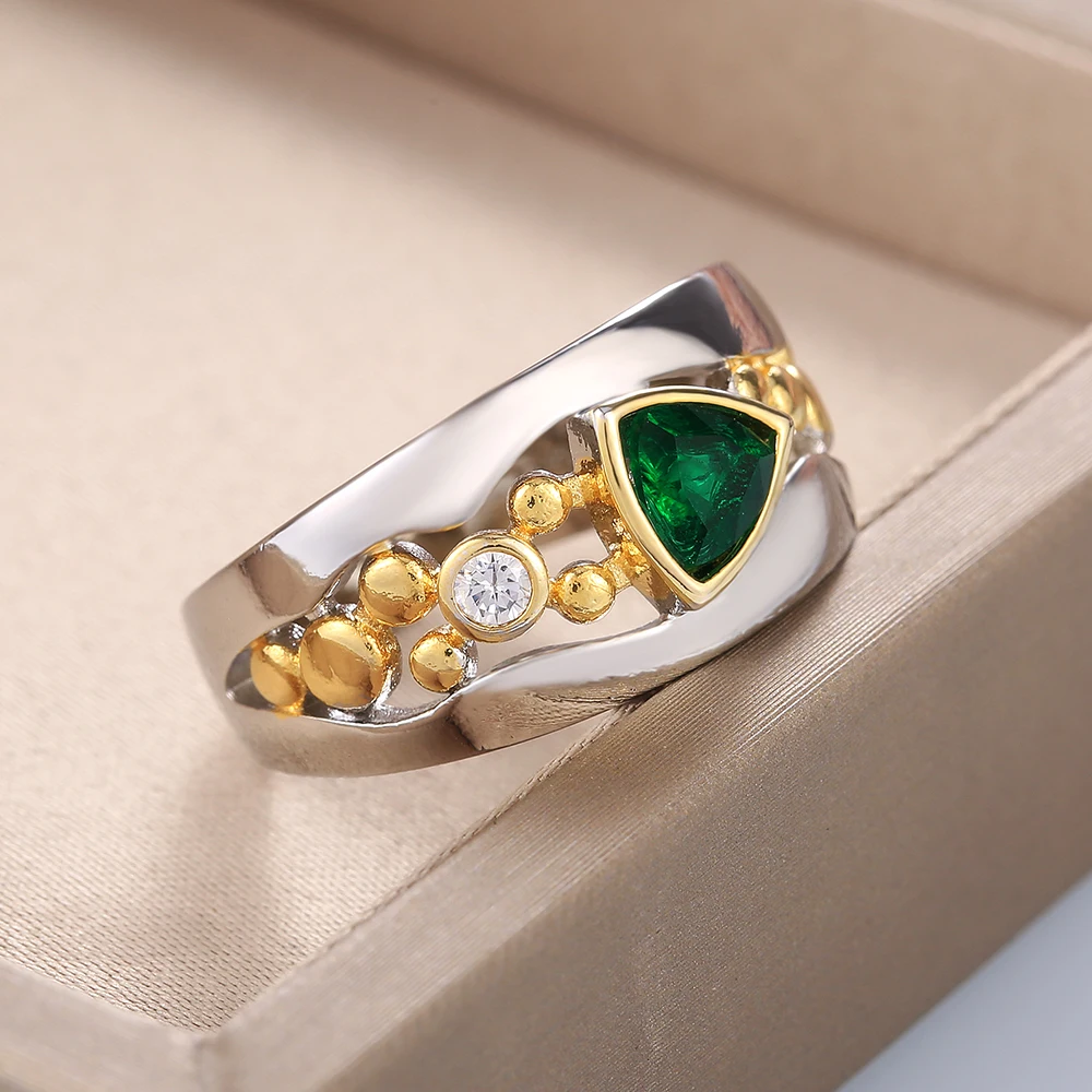 Huitan Vintage Hollow-out Band Ring Evening Dance Party Accessories Green Stone Graceful Two Tone Rings Jewelry for Mother Gift
