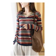 

Spring Autumn 2021 Fashion Sweaters Loose Striped Cotton Pullovers Ladies Tops Long Sleeve Knitted V-Neck Female Jumper Sweater
