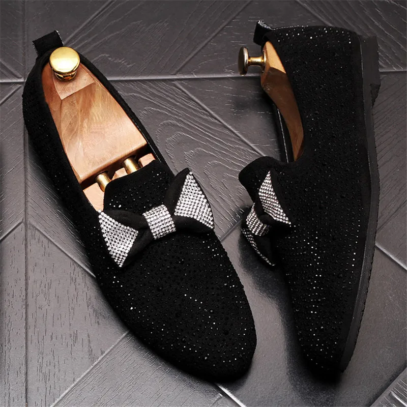 luxury design glitte royal rhinestone bow men casual shoes fashion elegan men dress ball prom shoes zapatos hombre loafers