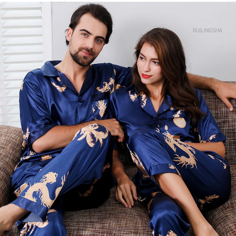 

Couple Silk Satin Pajamas Pyjamas Set Long Sleeve Sleepwear Pijama Pajamas Suit Women And Man Sleep 2PC Set Loungewear Plus Size